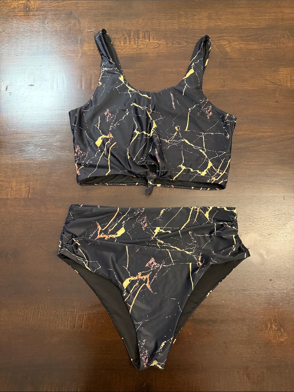 Black Marble and Gold Print High-Waist Bikini Set